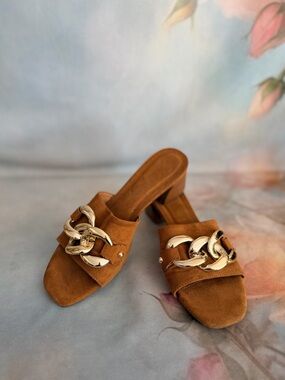 Anne Klein Brown Suede Slide Mules with Gold Chain